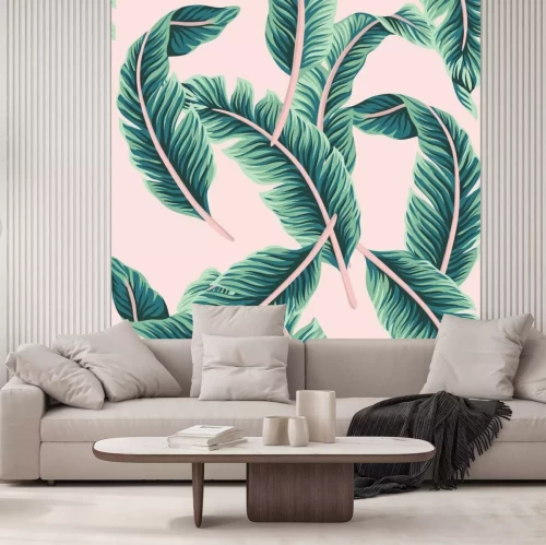 Papier peint  Feuilles de palmier sur fond rose