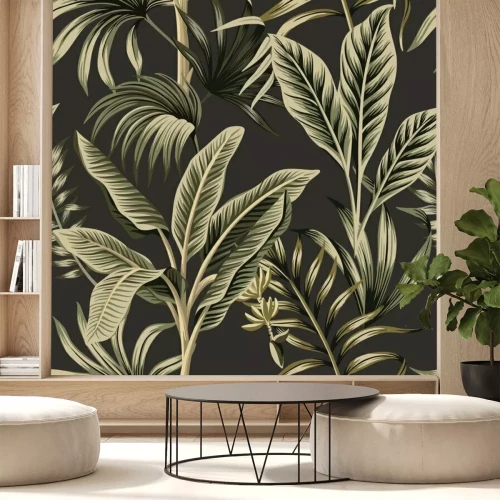 Papier peint  Feuilles de palmier sur fond grisâtre