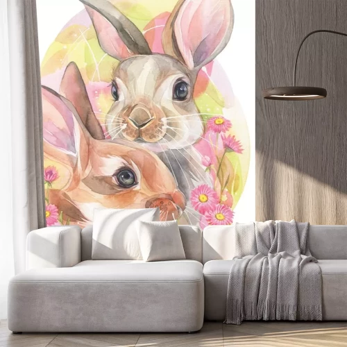 Sticker  Couple de lapins au milieu de fleurs roses version aquarelle