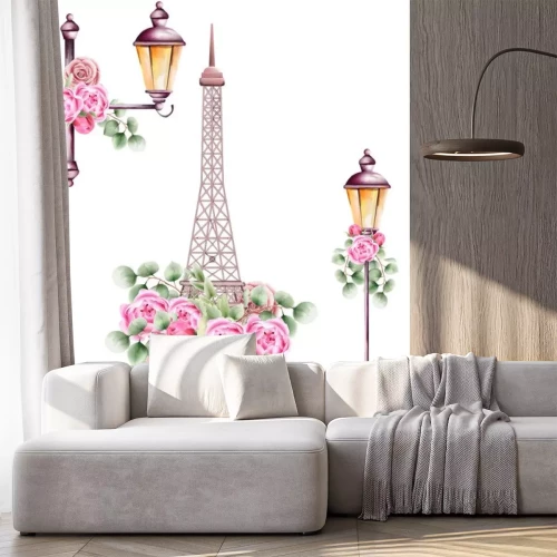 Sticker  City lamps and eiffel tower decorated with rose flowers and green leaves. Watercolor vector