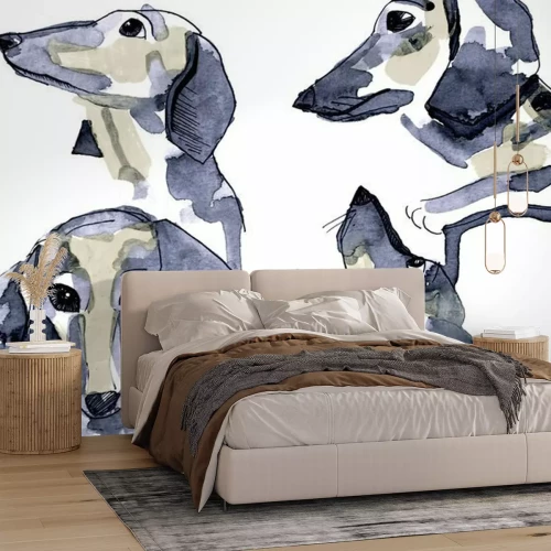 Papier peint  Teckels peints à l'aquarelle sur fond blanc