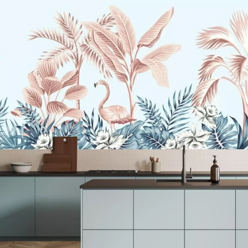 Papier peint  Motif turquoise et rose avec des flamants roses