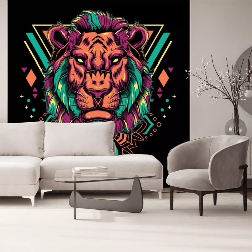 Sticker  Modern lion head mandala geometry vector illustration on black background for t-shirt, sticker, posters. Animal tattoo style 