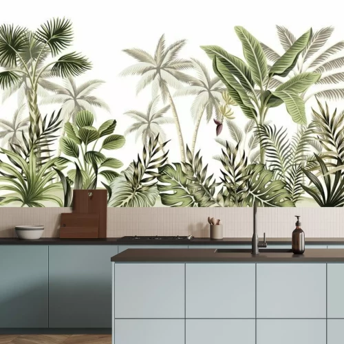 Papier peint  Tropical vintage botanical landscape, palm tree, banana tree, plant floral seamless border white background. Exotic green jungle wallpaper.