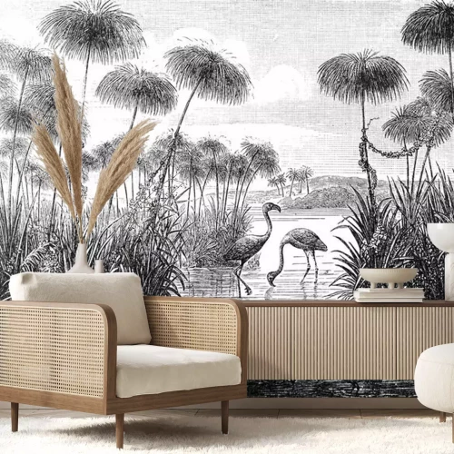 Sticker  Flamants roses dans le croquis noir et blanc de l'eau