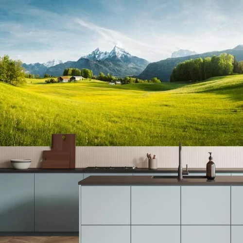 Papier peint  Une vallée verdoyante avec vue sur les Alpes
