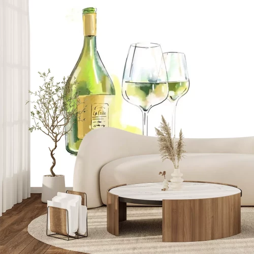Sticker  bottle and glass of white wine isolated