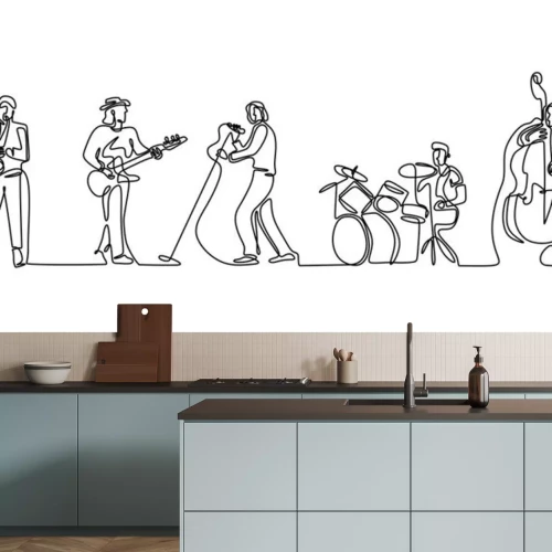 Sticker  Group band music performance. Continuous one line drawing. Single hand drawn sketch minimalism. People with classical music instruments. Jazz and soul with singer.