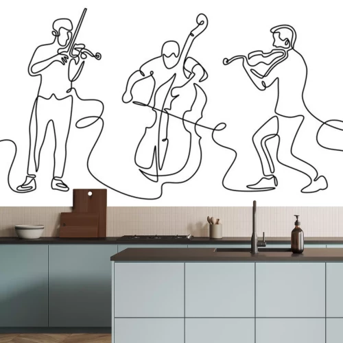 Sticker  Classical musicians one line drawing. Minimalism vector illustration of cello, violin player. Single hand drawn sketch vector illustration. Contour linear design isolated on white background.