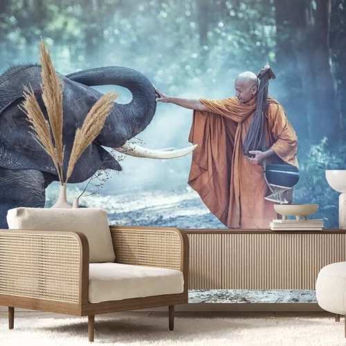 Papier peint  Eléphant et moine