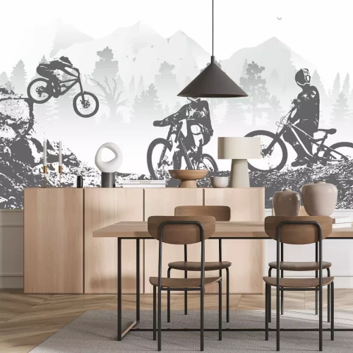 Papier peint  Cyclistes sur un sentier de montagne graphisme monochrome