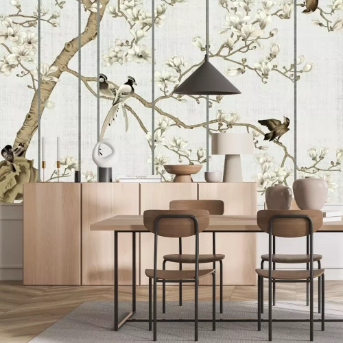 Papier peint  Light textured background, white magnolia flowers on a tree and birds