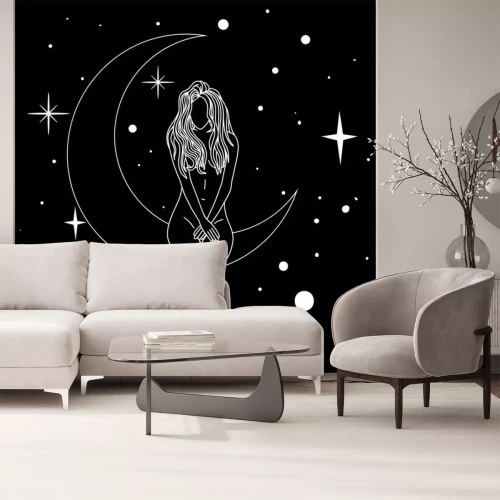 Sticker  Naked woman sitting on the moon in trendy linear minimal style.