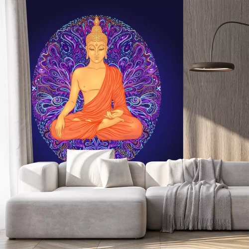 Sticker  Yoga card, flyer, poster, mat design. Colorful neon template for spiritual retreat or yoga studio. Ornamental business cards, oriental pattern. Vector illustration. Sticker, patch, 60s hippie art.