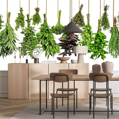 Papier peint  Bouquets d'herbes suspendus sur fond blanc