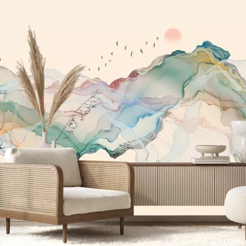 Sticker  Hand-painted lines, abstract ink landscape decorations, art poster background