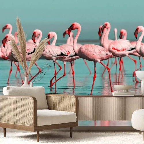 Papier peint  Flamants roses dans le lagon bleu