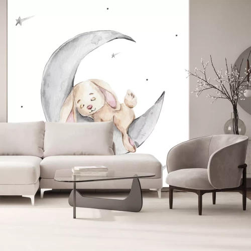 Sticker  Lapin dormant sur une lune grise