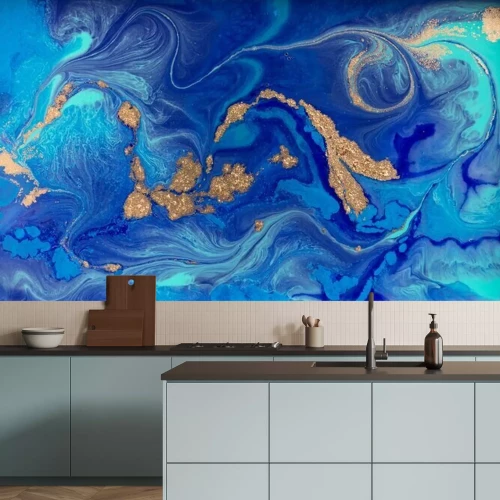 Papier peint  Marbre liquide bleu jaune