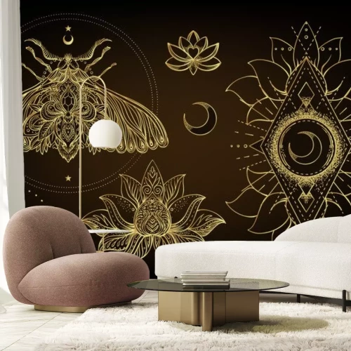 Sticker  Vector ornamental Lotus flower, ethnic art, patterned Indian paisley. Hand drawn illustration isolated. Invitation. Golden stickers, flash temporary tattoo, mehndi symbol. Gold gradient over black.