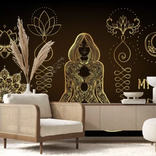 Sticker  Vector ornamental Lotus flower, ethnic art, patterned Indian paisley. Hand drawn illustration isolated. Invitation. Golden stickers, flash temporary tattoo, mehndi symbol. Gold gradient over black.