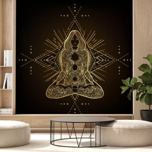 Sticker  Vector ornamental Lotus flower, ethnic art, patterned Indian paisley. Hand drawn illustration isolated. Invitation. Golden stickers, flash temporary tattoo, mehndi symbol. Gold gradient over black.