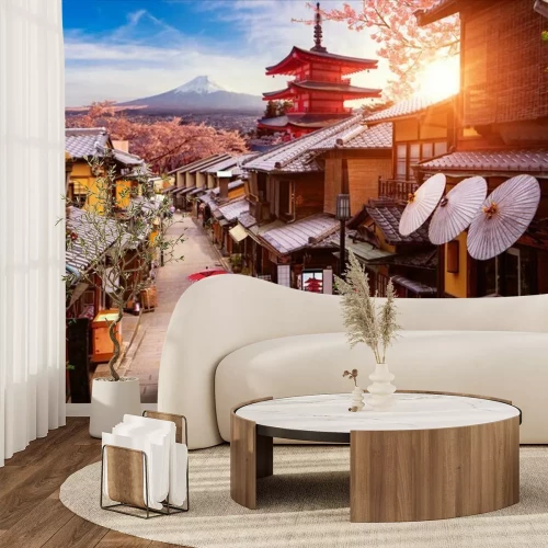 Papier peint  Une rue japonaise avec une pagode et le mont Fuji