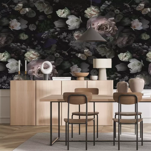 Papier peint  Beautiful pink roses and garden flowers. Floral vintage seamless pattern.