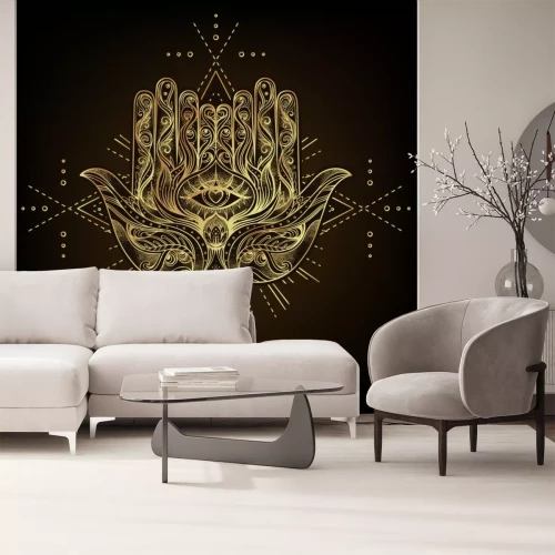 Sticker  Vector ornamental Lotus flower, ethnic art, patterned Indian paisley. Hand drawn illustration isolated. Invitation. Golden stickers, flash temporary tattoo, mehndi symbol. Gold gradient over black.