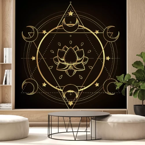 Sticker  Vector ornamental Lotus flower, ethnic art, patterned Indian paisley. Hand drawn illustration isolated. Invitation. Golden stickers, flash temporary tattoo, mehndi symbol. Gold gradient over black.