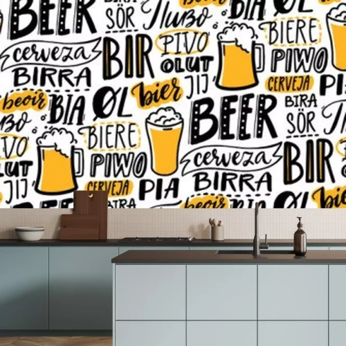 Sticker  Beer text pattern. Word beer in different languages. Italian birra, spanish cerveza, macedonian pivo, german bier. Hand lettering seamless texture for pubs, menu and placemats.