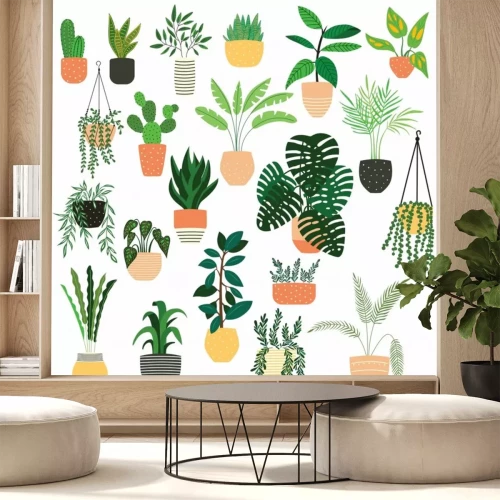 Sticker  Collection of hand drawn indoor house plants on white background. Collection of potted plants. Colorful flat vector illustration