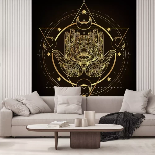 Sticker  Vector ornamental Lotus flower, ethnic art, patterned Indian paisley. Hand drawn illustration isolated. Invitation. Golden stickers, flash temporary tattoo, mehndi symbol. Gold gradient over black.