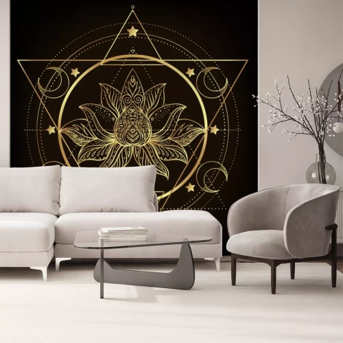 Sticker  Vector ornamental Lotus flower, ethnic art, patterned Indian paisley. Hand drawn illustration isolated. Invitation. Golden stickers, flash temporary tattoo, mehndi symbol. Gold gradient over black.