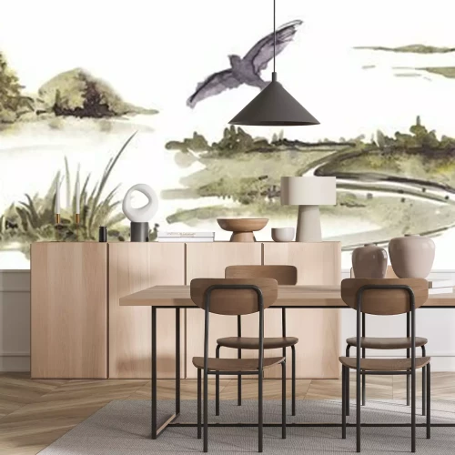 Sticker  Watercolor landscape with forest, herbs, bird and field on a white background.