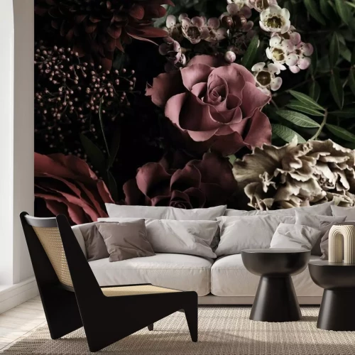 Papier peint  Beautiful bouquet of different flowers, closeup. Floral card design with dark vintage effect