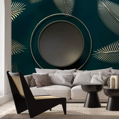 Papier peint  Palm trees leaves. Topical juicy paper cut creative. 3d render illustration. Blank space for brand promotion product. Creative dark background for advertising presentation. Empty base mockup