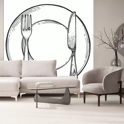 Papier peint  Dessin noir et blanc assiette et couverts