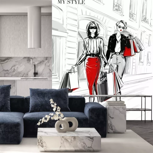 Sticker  Hand drawn beautiful two young women with shopping bags. Fashion woman in red skirt. Women on street background. Black and white sketch. Fashion illustration.