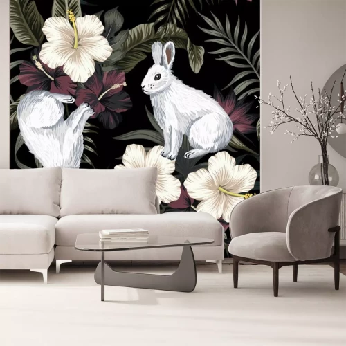 Sticker  Lapins blancs sur un fond floral tropical