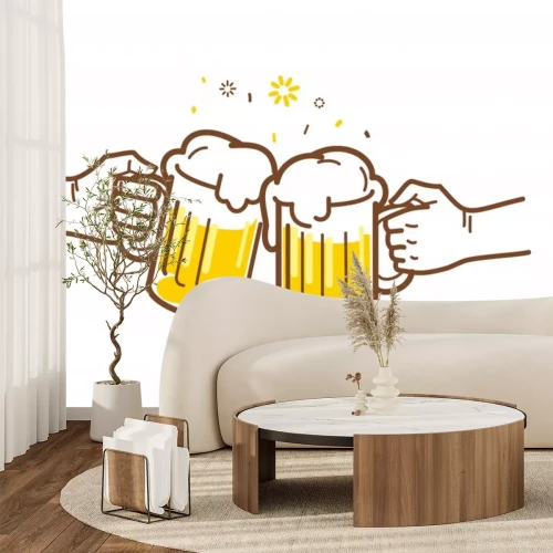 Sticker  Cheers with two mugs of beer with foam isolated on white