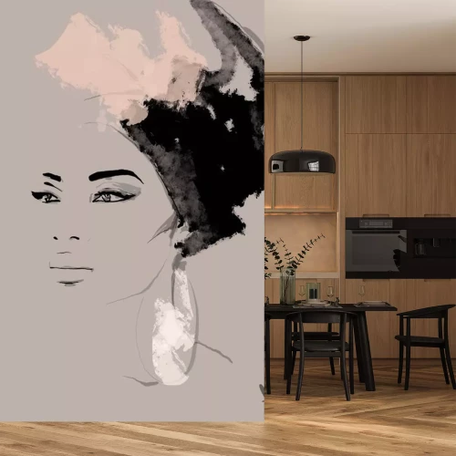 Sticker  African American illustration for fashion banner. Trendy woman model background. Afro hair style girl