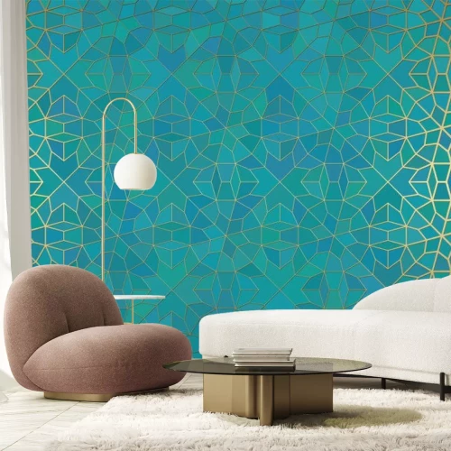 Sticker  Abstract background with islamic ornament, arabic geometric texture. Golden lined tiled motif.