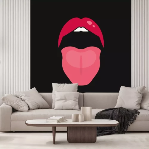 Sticker  Open mouth women. Lips and tongue logo on black