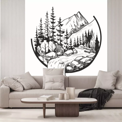 Sticker  Dessin noir et blanc d'un paysage de montagne avec une cascade