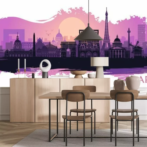 Sticker  Stylized landscape of Paris with Eiffel tower, arc de Triomphe and Notre Dame Cathedral with spots and splashes of paint