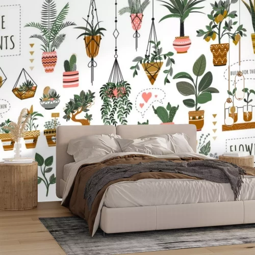 Sticker  Houseplants flowerpots isolated icons vector illustration. Decorative home plants, botanical icons and stickers. Flower pots and kitchen herbs, hanging plants, floral decorations collection.