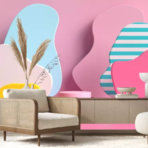 Sticker  Formes spatiales colorées sur fond rose