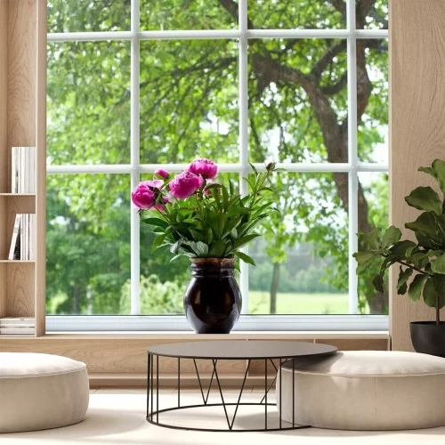 Papier peint  Pivoines devant une fenêtre