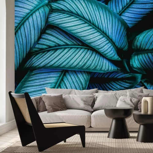 Papier peint  Feuilles vertes-bleues